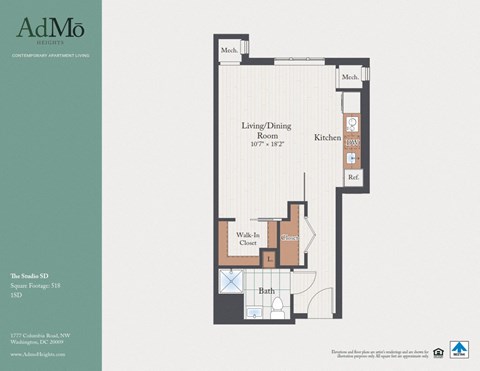 Floor plan for studio, 1 bath, 518 sqft